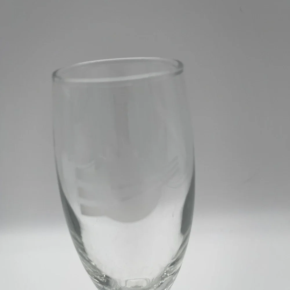 Pair of Etched Clear Glass Champagne Flutes w Faceted Hexagonal Stems Set of 2